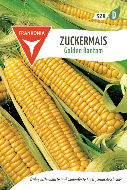 Vorderseite der Verpackung des Saatgutes Zuckermais, Golden Bantam der Firma Frankonia Samen von ihrgartenberater.de