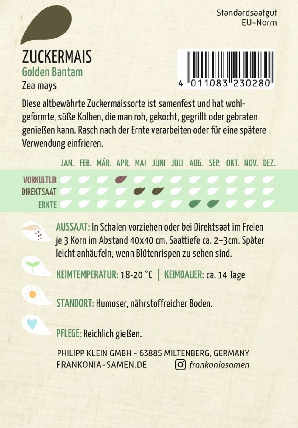 Rückseite der Verpackung des Saatgutes Zuckermais, Golden Bantam der Firma Frankonia Samen von ihrgartenberater.de