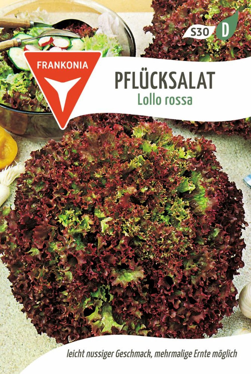 Vorderseite der Verpackung des Saatgutes Pflücksalat, Lollo Rossa der Firma Frankonia Samen von ihrgartenberater.de