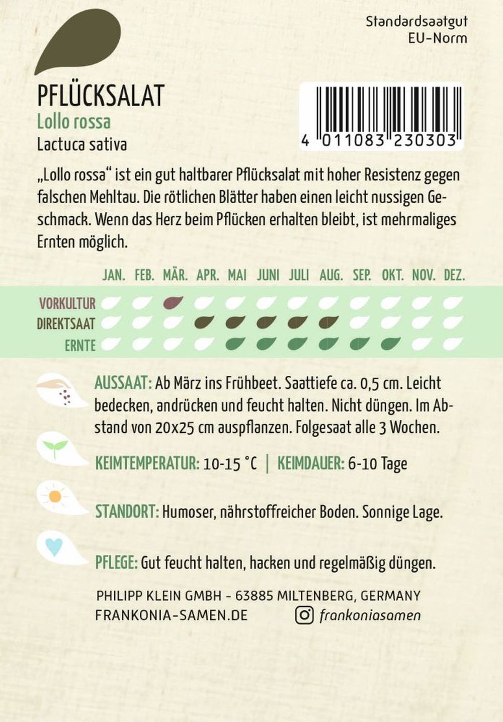 Rückseite der Verpackung des Saatgutes Pflücksalat, Lollo Rossa der Firma Frankonia Samen von ihrgartenberater.de