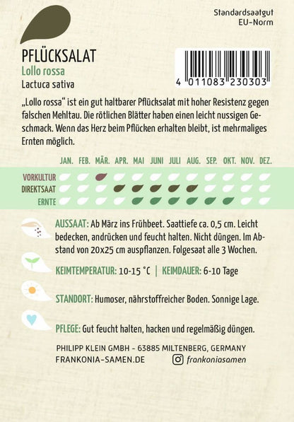 Rückseite der Verpackung des Saatgutes Pflücksalat, Lollo Rossa der Firma Frankonia Samen von ihrgartenberater.de