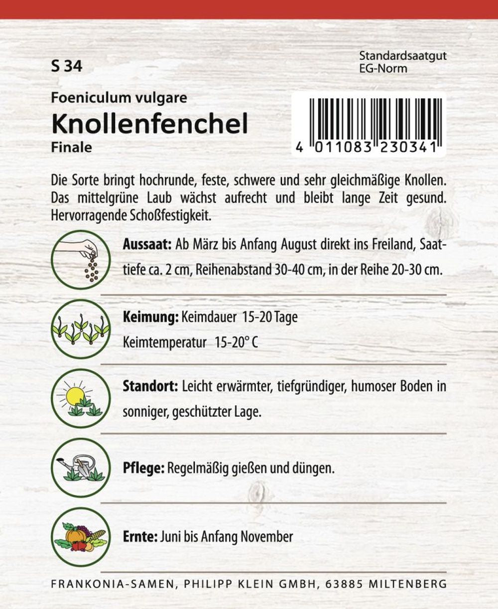 Rückseite der Verpackung des Saatgutes Knollenfenchel, Finale der Firma Frankonia Samen von ihrgartenberater.de