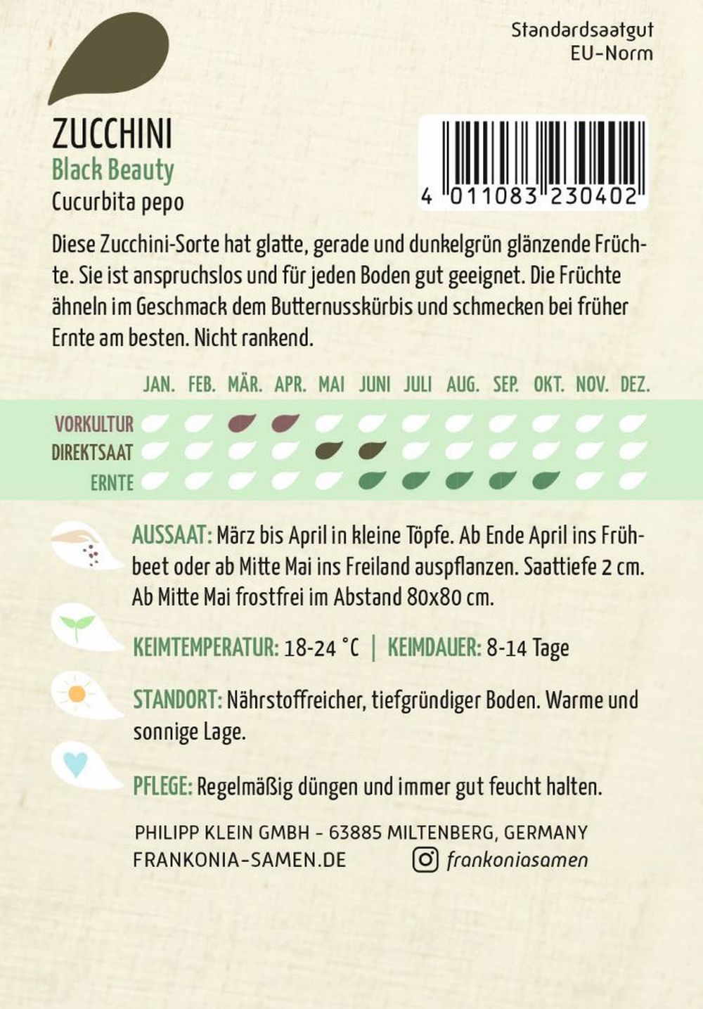 Rückseite der Verpackung des Saatgutes Zucchini, Black Beauty der Firma Frankonia Samen von ihrgartenberater.de