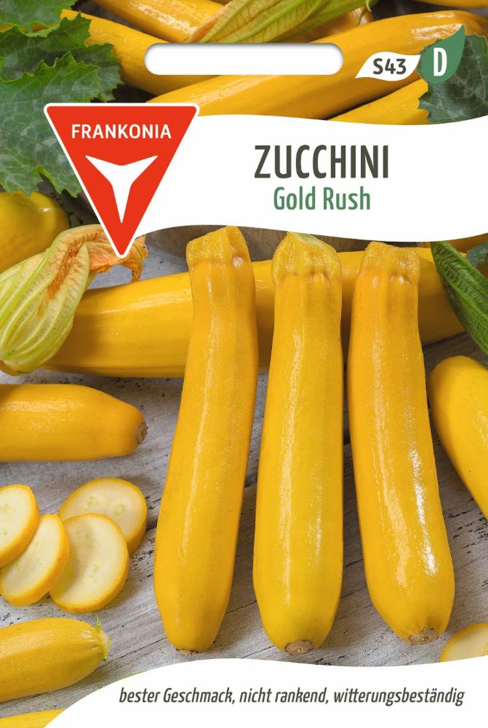 Vorderseite der Verpackung des Saatgutes Zucchini, Gold Rush F1 der Firma Frankonia Samen von ihrgartenberater.de