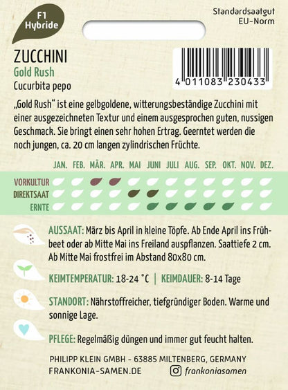 Rückseite der Verpackung des Saatgutes Zucchini, Gold Rush F1 der Firma Frankonia Samen von ihrgartenberater.de