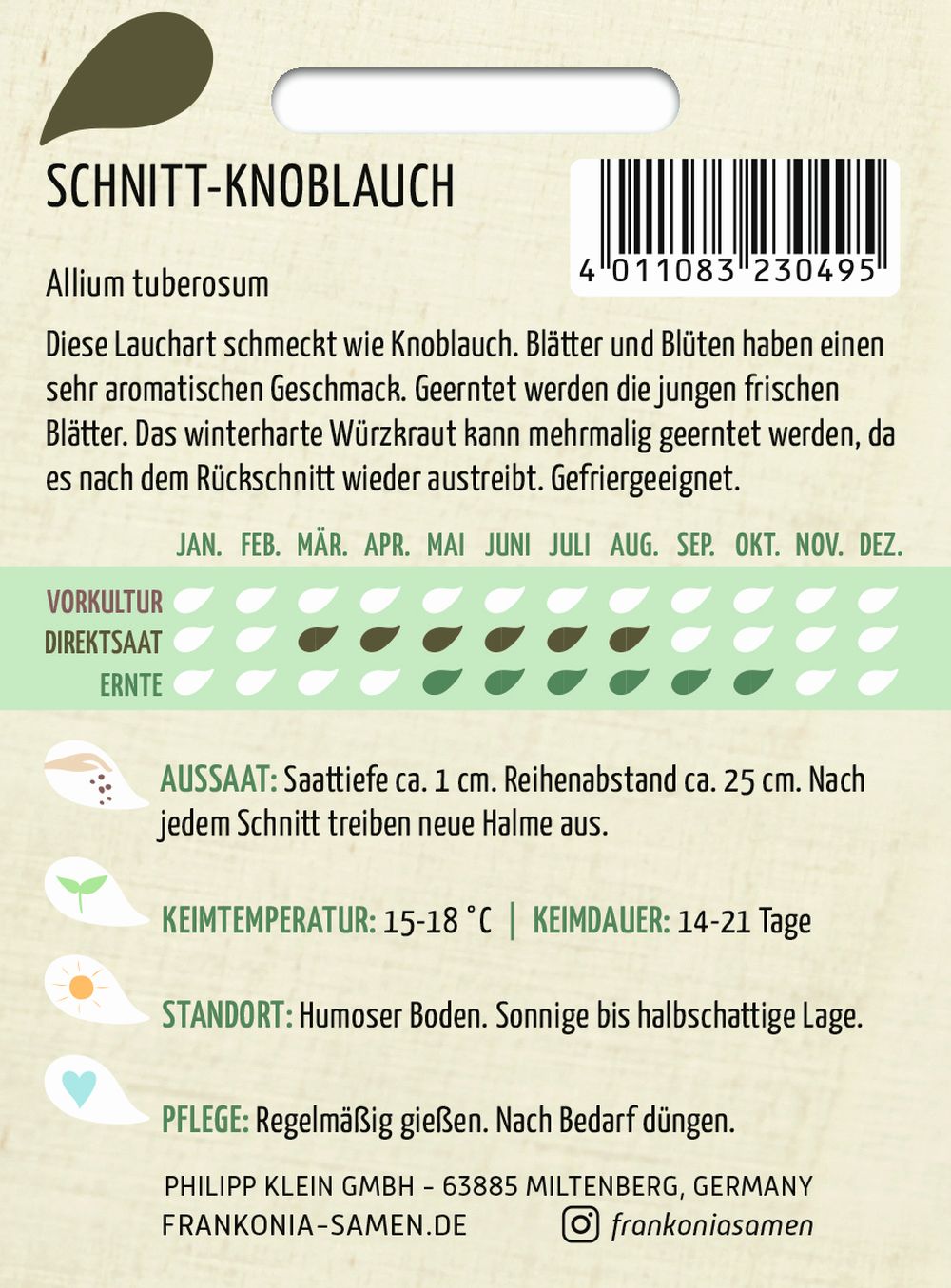 Rückseite der Verpackung des Saatgutes Schnitt - Knoblauch der Firma Frankonia Samen von ihrgartenberater.de