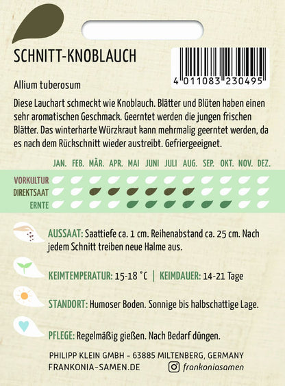 Rückseite der Verpackung des Saatgutes Schnitt - Knoblauch der Firma Frankonia Samen von ihrgartenberater.de