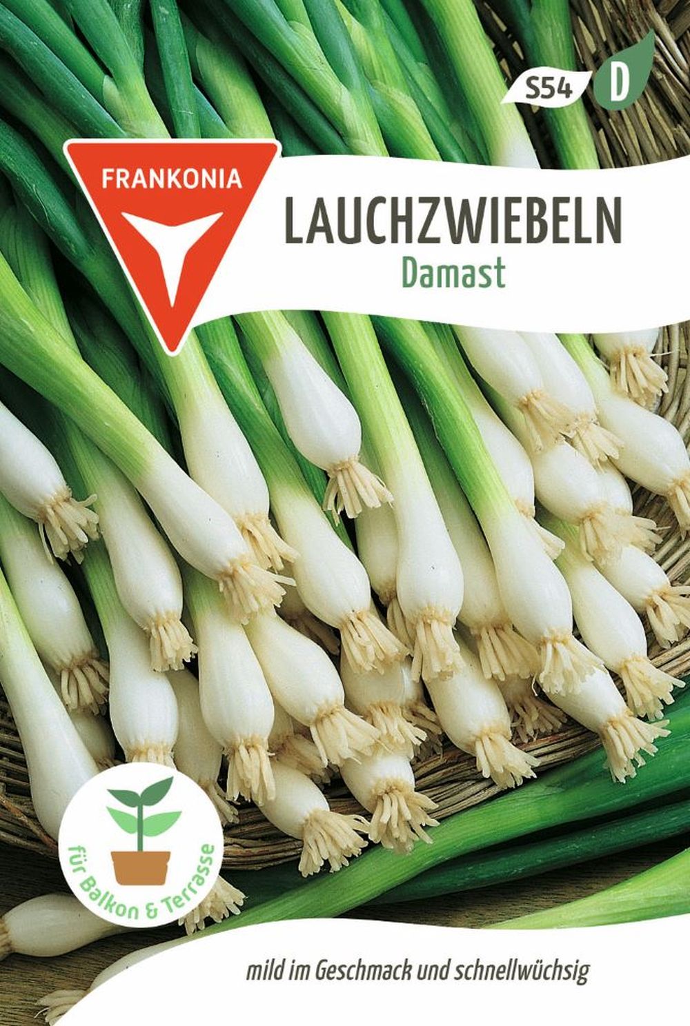 Vorderseite der Verpackung des Saatgutes Lauchzwiebel, Damast der Firma Frankonia Samen von ihrgartenberater.de