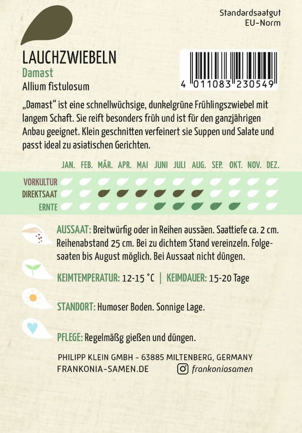 Rückseite der Verpackung des Saatgutes Lauchzwiebel, Damast der Firma Frankonia Samen von ihrgartenberater.de