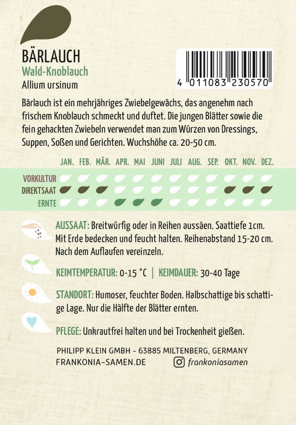 Rückseite der Verpackung des Saatgutes Bärlauch, Wald-Knoblauch der Firma Frankonia Samen von ihrgartenberater.de