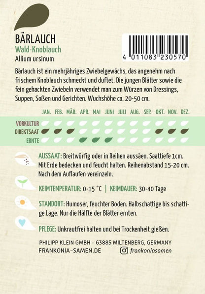 Rückseite der Verpackung des Saatgutes Bärlauch, Wald-Knoblauch der Firma Frankonia Samen von ihrgartenberater.de