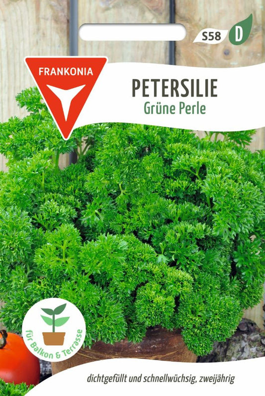 Vorderseite der Verpackung des Saatgutes Petersilie, Grüne Perle der Firma Frankonia Samen von ihrgartenberater.de