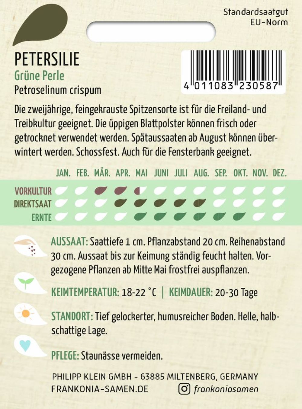 Rückseite der Verpackung des Saatgutes Petersilie, Grüne Perle der Firma Frankonia Samen von ihrgartenberater.de