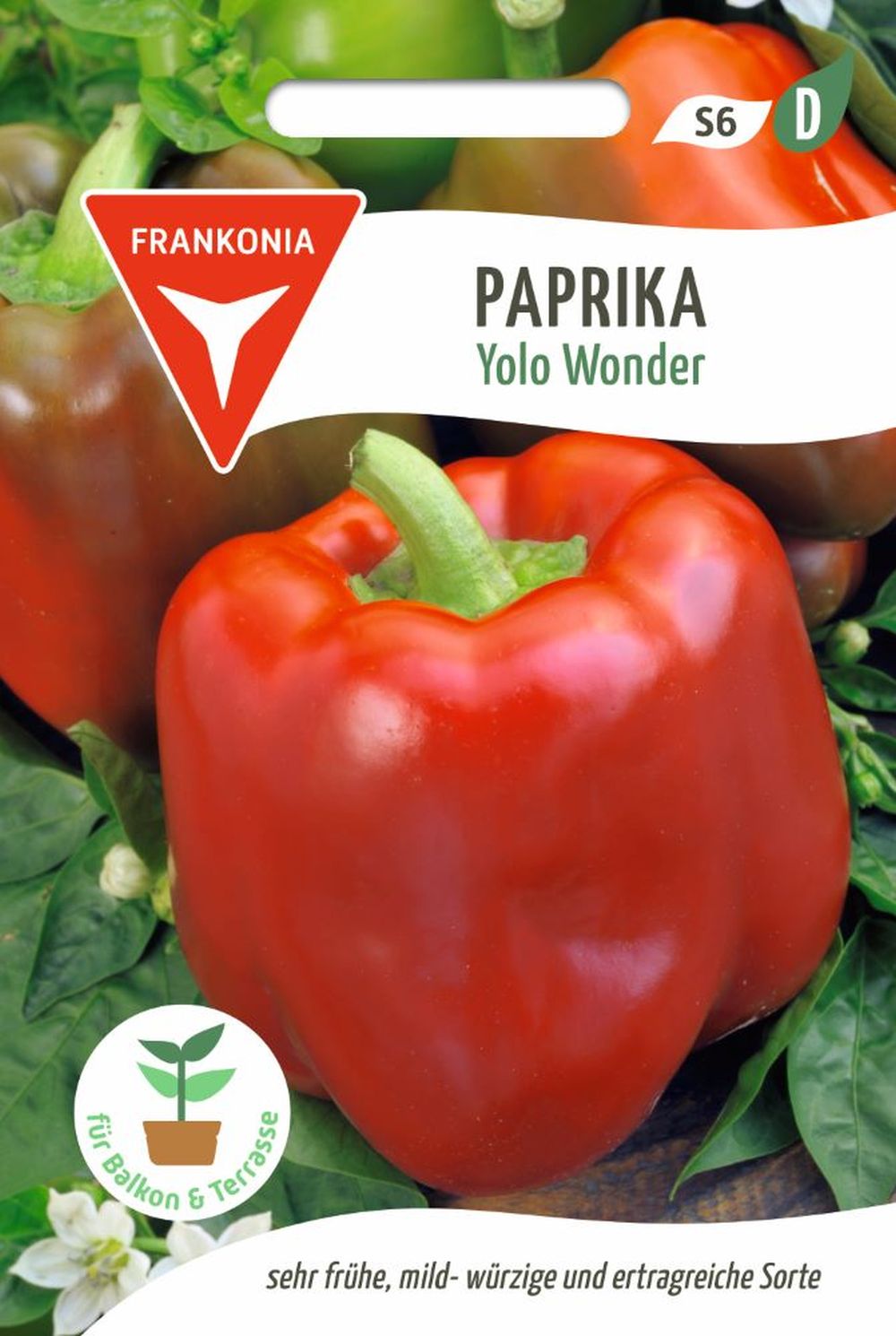 Vorderseite der Verpackung des Saatgutes Paprika, Yolo Wonder der Firma Frankonia Samen von ihrgartenberater.de