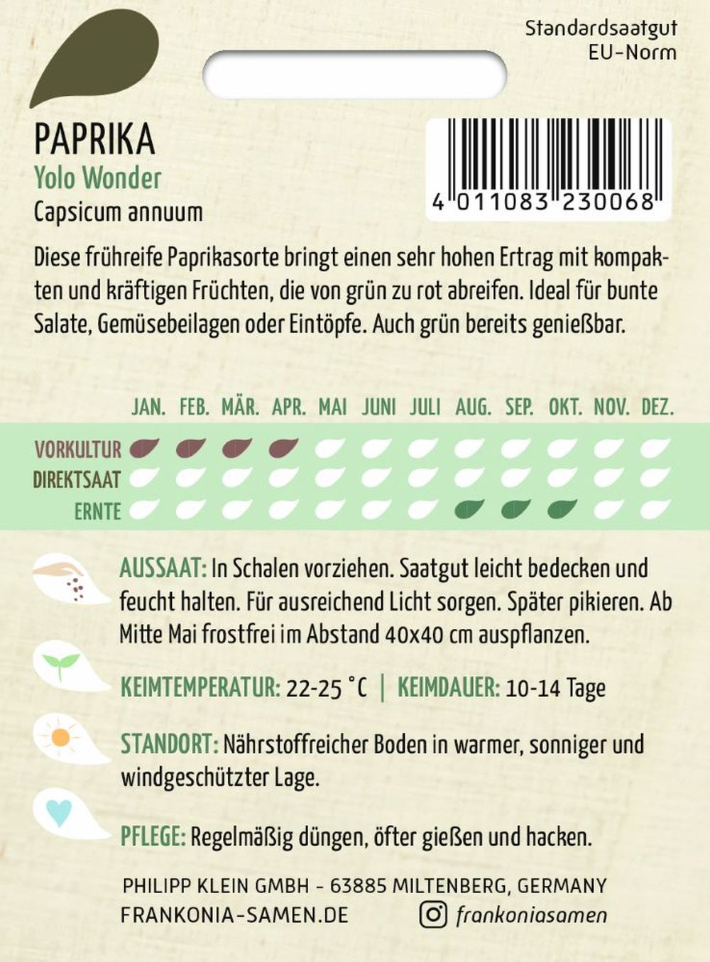 Rückseite der Verpackung des Saatgutes Paprika, Yolo Wonder der Firma Frankonia Samen von ihrgartenberater.de