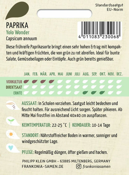 Rückseite der Verpackung des Saatgutes Paprika, Yolo Wonder der Firma Frankonia Samen von ihrgartenberater.de