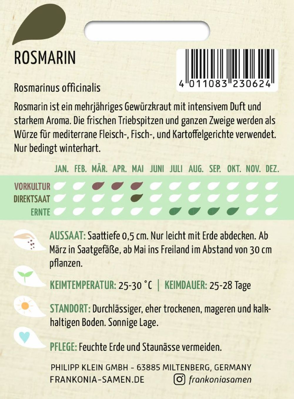 Rückseite der Verpackung des Saatgutes Rosmarin der Firma Frankonia Samen von ihrgartenberater.de