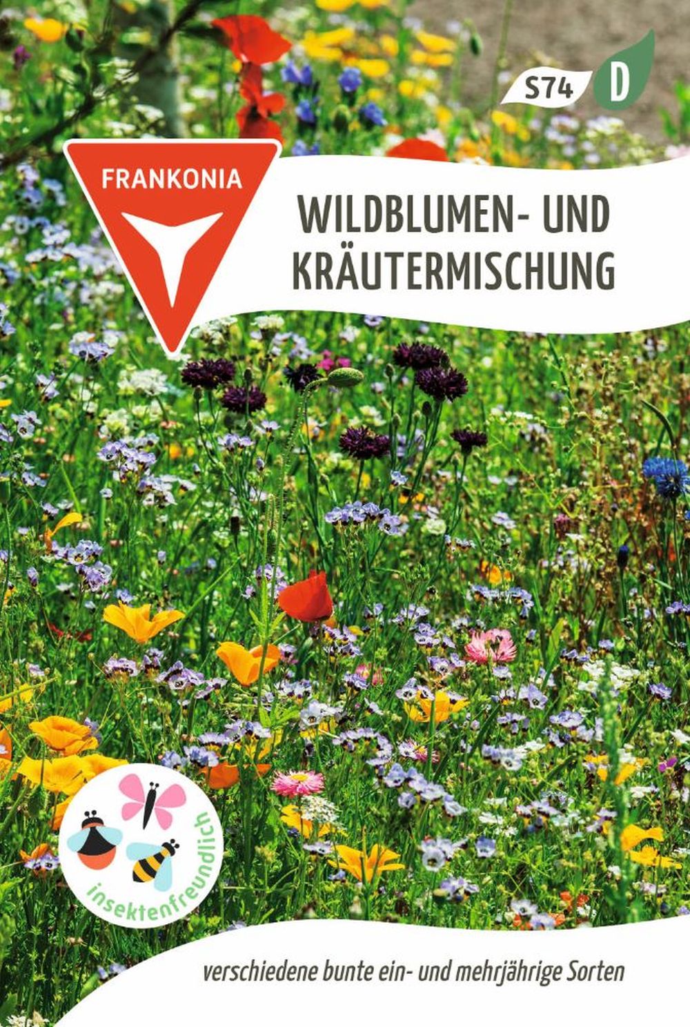 Vorderseite der Verpackung des Saatgutes Wildblumen- und Kräutermischung der Firma Frankonia Samen von ihrgartenberater.de