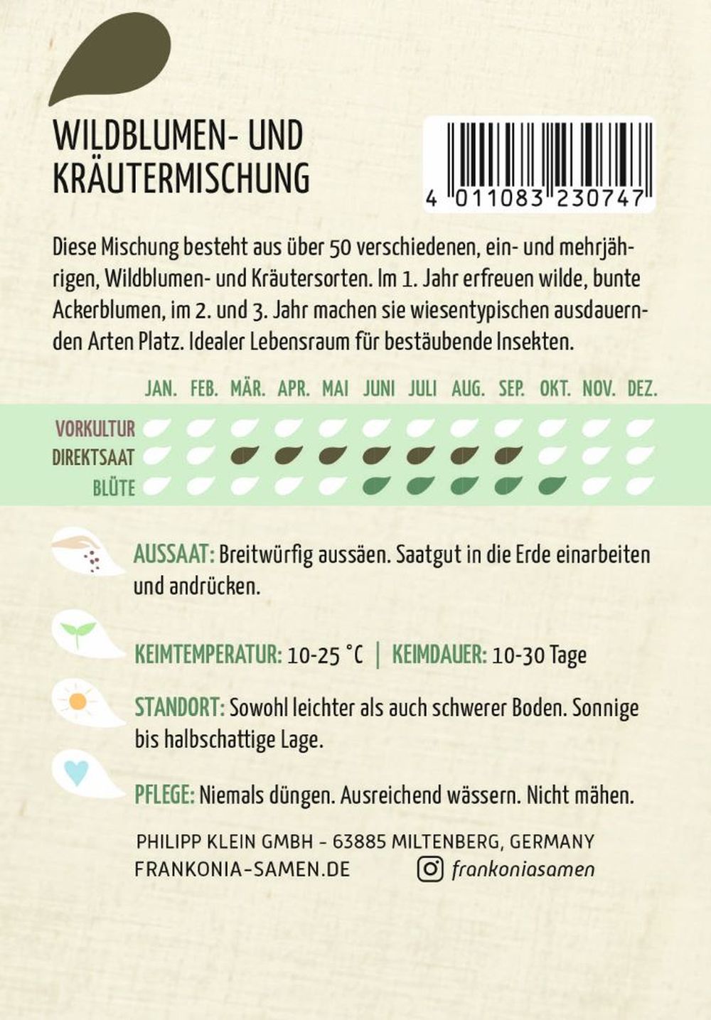 Rückseite der Verpackung des Saatgutes Wildblumen- und Kräutermischung der Firma Frankonia Samen von ihrgartenberater.de