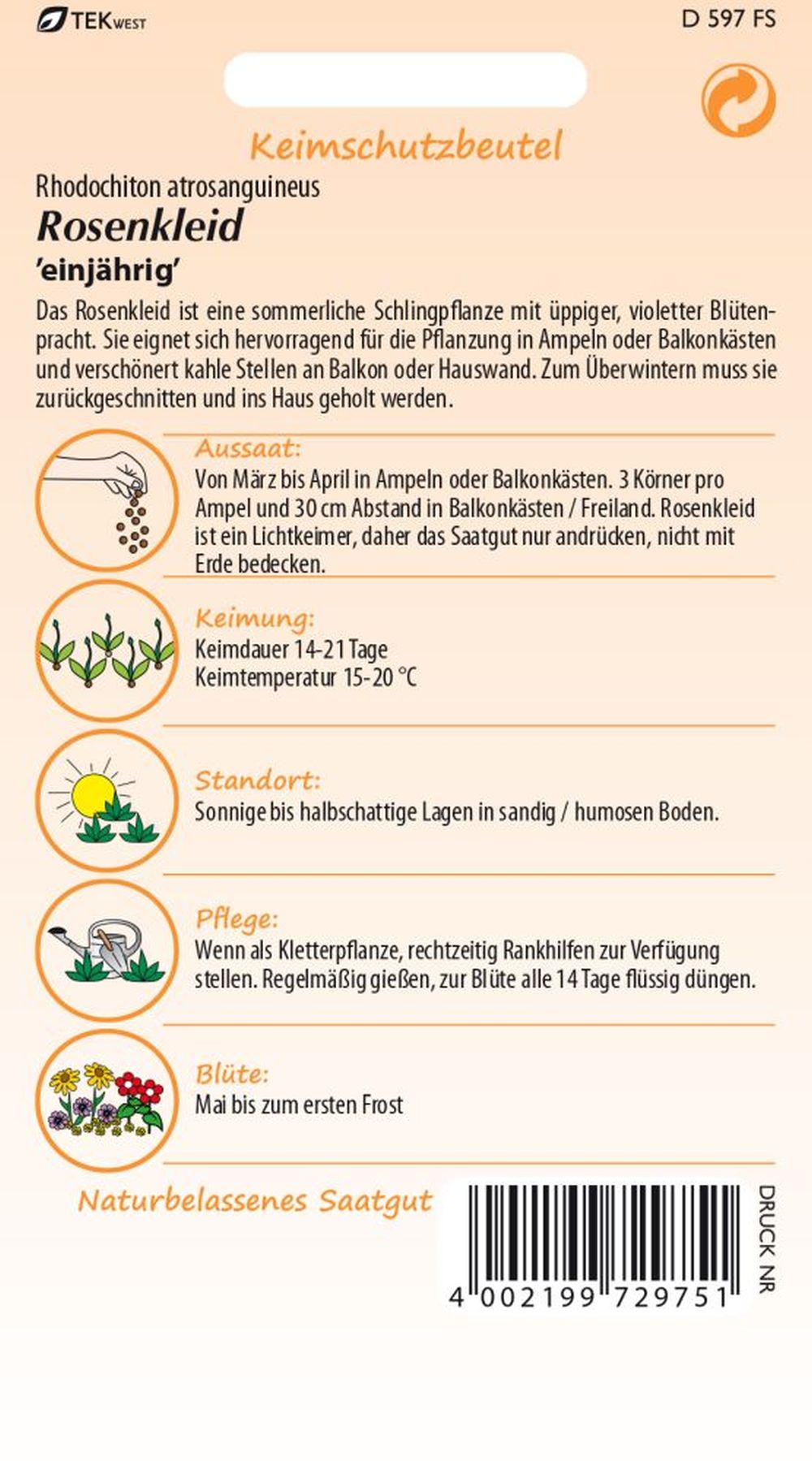 Rückseite der Verpackung des Saatgutes Rosenkleid (Rhodochiton) der Firma Samen Pfann von ihrgartenberater.de