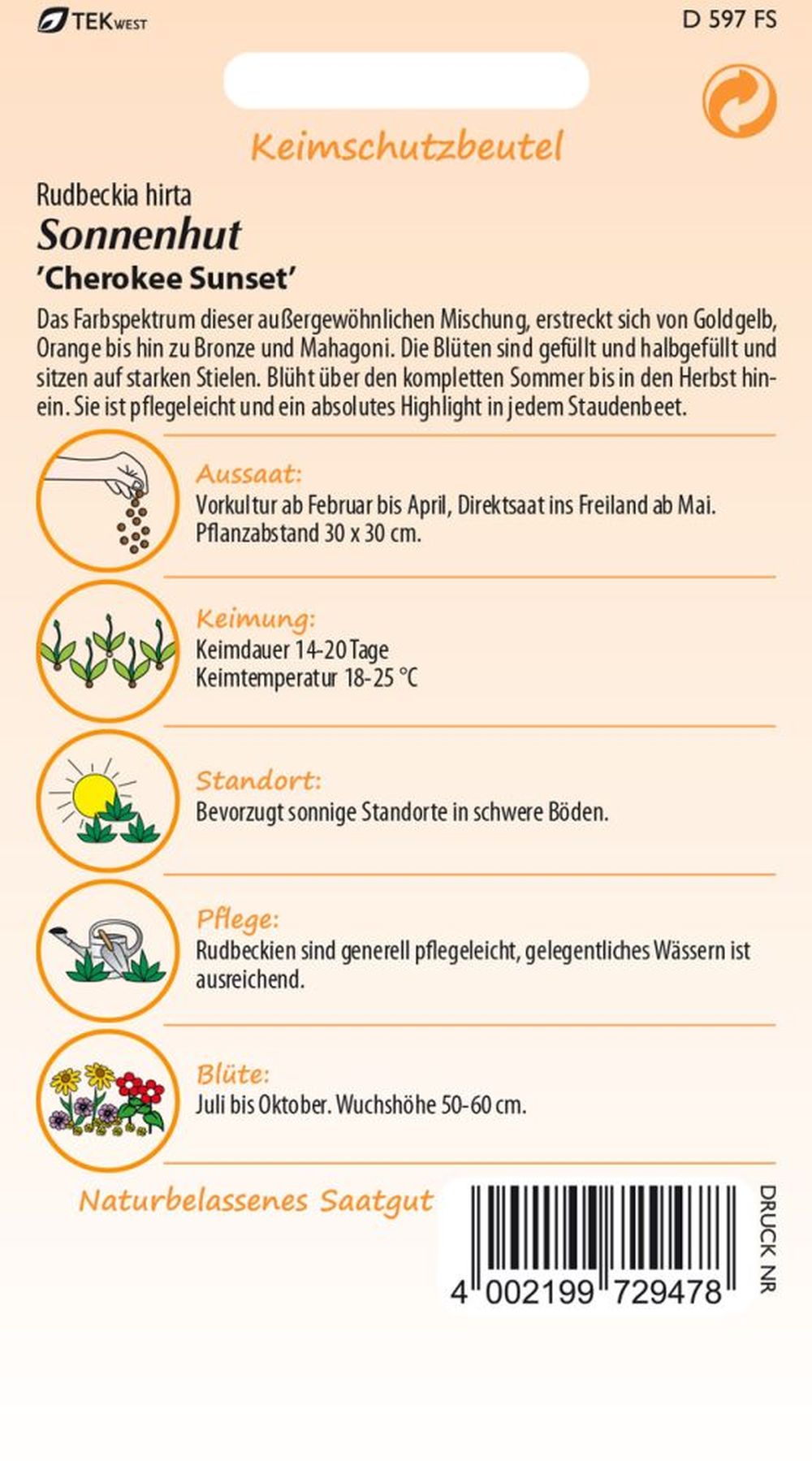 Rückseite der Verpackung des Saatgutes Sonnenhut, Cherokee Sunset der Firma Samen Pfann von ihrgartenberater.de