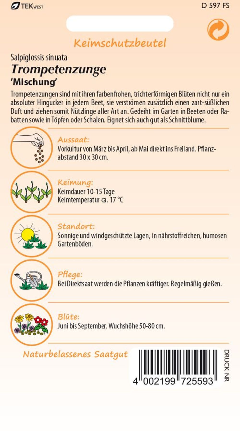 Rückseite der Verpackung des Saatgutes Trompetenzunge der Firma Samen Pfann von ihrgartenberater.de