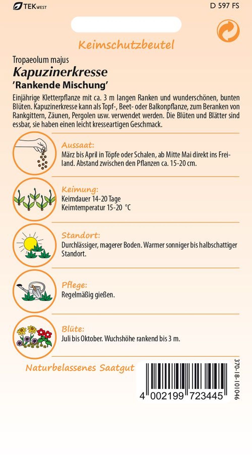 Rückseite der Verpackung des Saatgutes Kapuzinerkresse, rankende Mischung der Firma Samen Pfann von ihrgartenberater.de