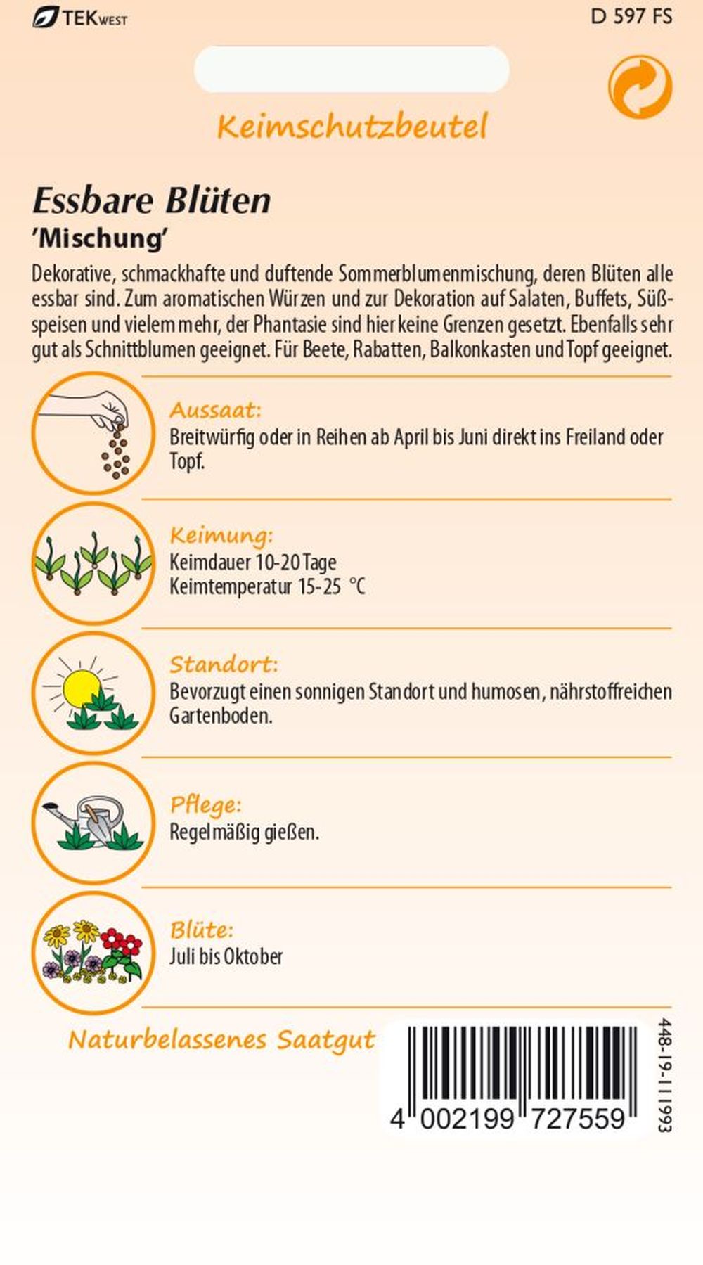 Rückseite der Verpackung des Saatgutes Blumenmischung, Essbare Blüten der Firma Samen Pfann von ihrgartenberater.de