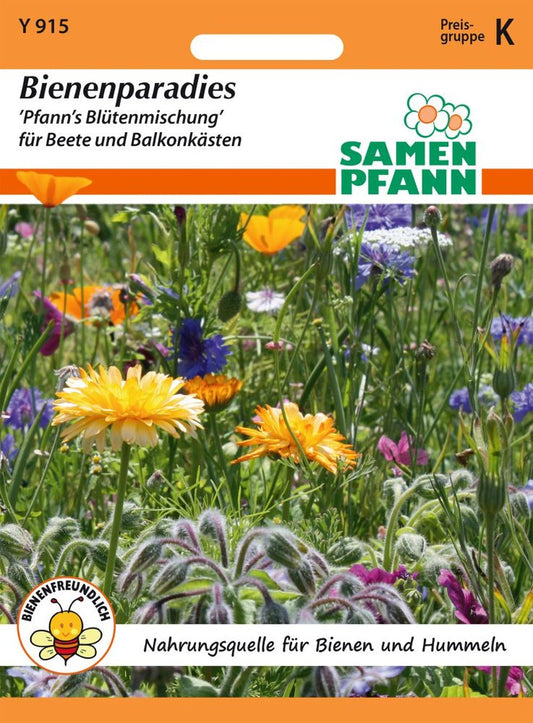 Vorderseite der Verpackung des Saatgutes Blumenmischung, Bienenparadies der Firma Samen Pfann von ihrgartenberater.de