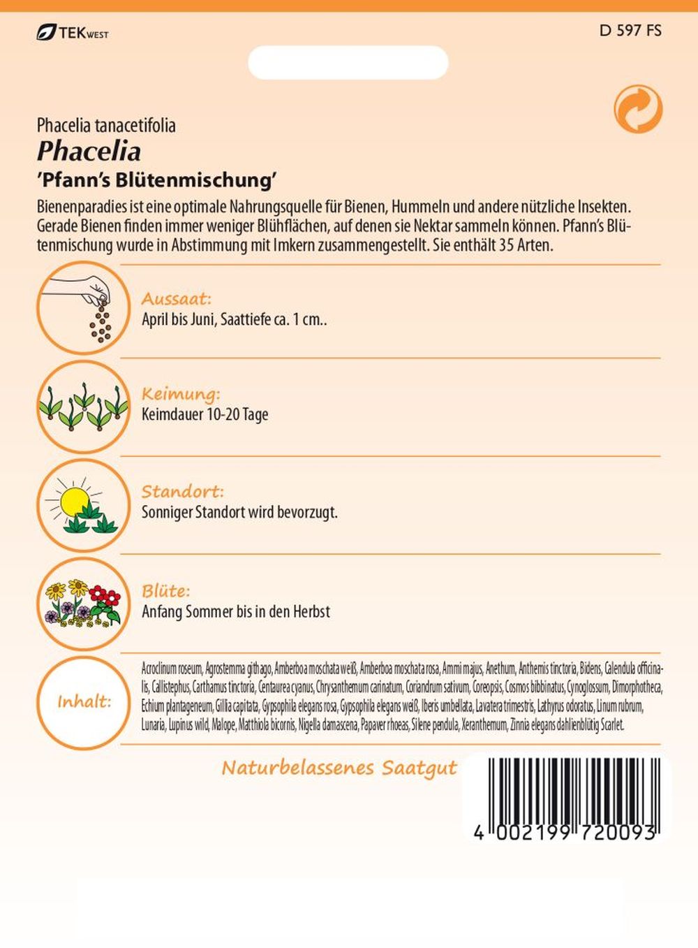 Rückseite der Verpackung des Saatgutes Blumenmischung, Bienenparadies der Firma Samen Pfann von ihrgartenberater.de