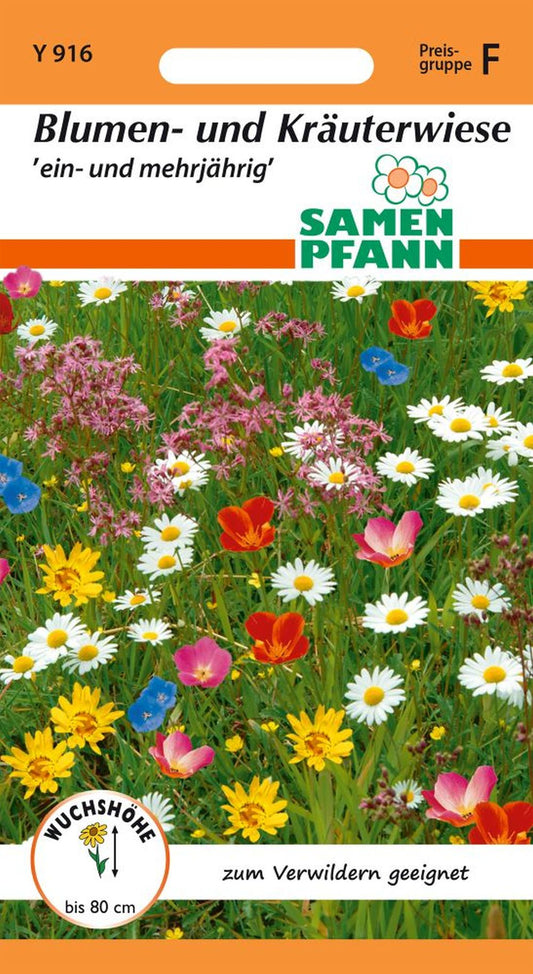 Vorderseite der Verpackung des Saatgutes Blumen- und Kräuterwiese der Firma Samen Pfann von ihrgartenberater.de