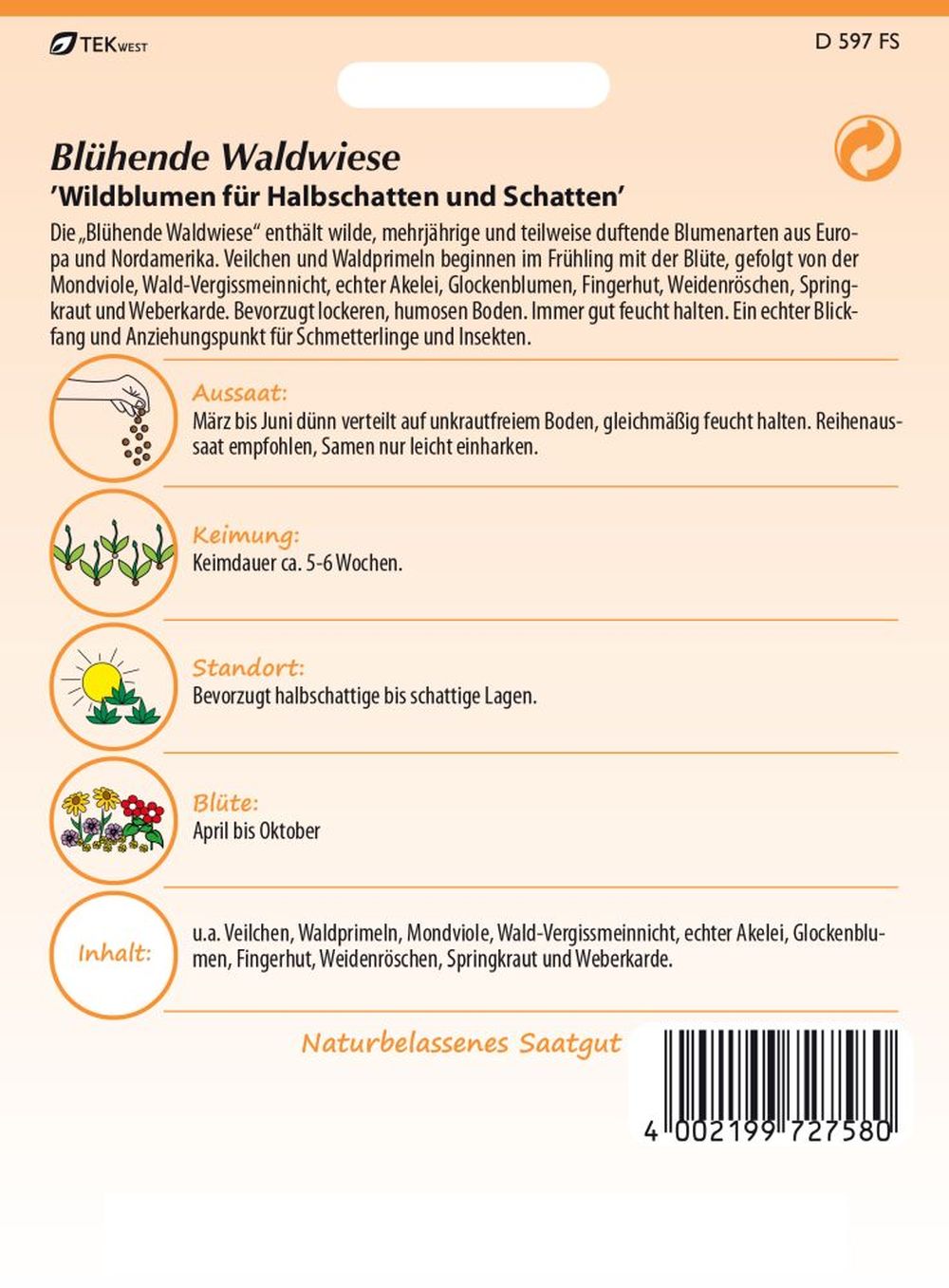 Rückseite der Verpackung des Saatgutes Blühende Waldwiese der Firma Samen Pfann von ihrgartenberater.de