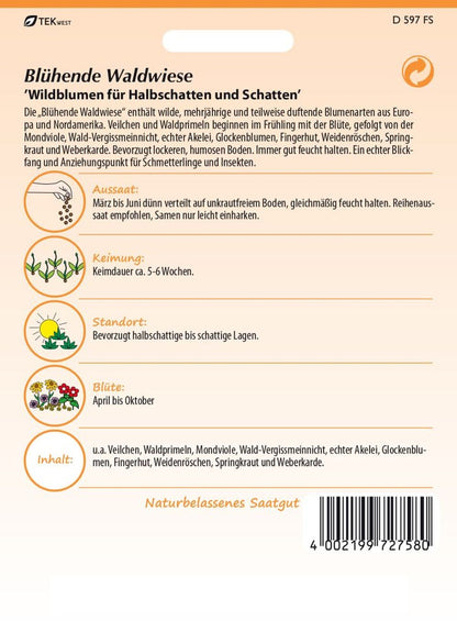 Rückseite der Verpackung des Saatgutes Blühende Waldwiese der Firma Samen Pfann von ihrgartenberater.de