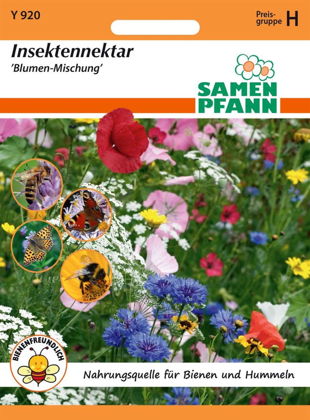 Vorderseite der Verpackung des Saatgutes Blumenmischung, Insektennektar der Firma Samen Pfann von ihrgartenberater.de