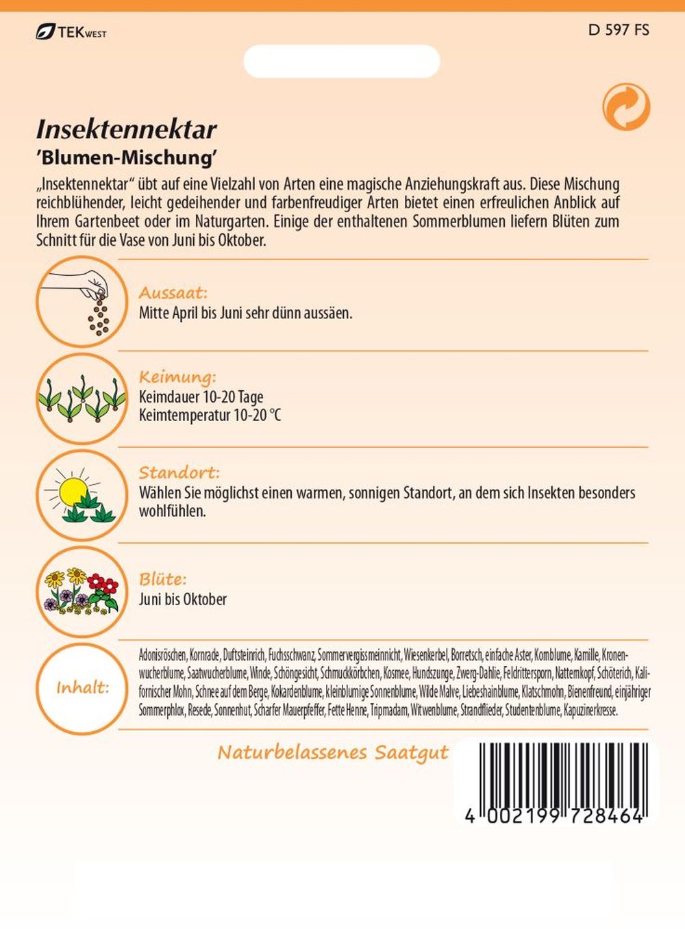 Rückseite der Verpackung des Saatgutes Blumenmischung, Insektennektar der Firma Samen Pfann von ihrgartenberater.de