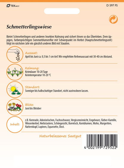 Rückseite der Verpackung des Saatgutes Schmetterlingswiese der Firma Samen Pfann von ihrgartenberater.de